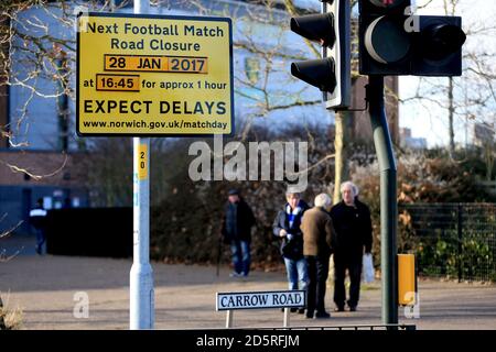 Signalisation à l'extérieur de Carrow Road avant le match entre Norwich City et Birmingham City. Banque D'Images