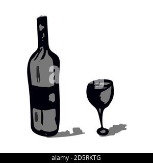 Verre à vin et bouteille aux échelles noire et grise Illustration de Vecteur