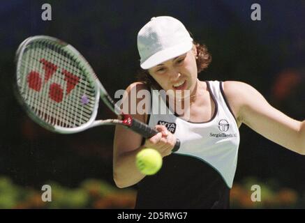 Martina Hingis en Suisse contre Monica Seles aux États-Unis. Hingis a gagné 6-2, 6-4. Banque D'Images