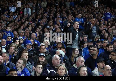 Un fan de Leicester City montre son soutien Banque D'Images