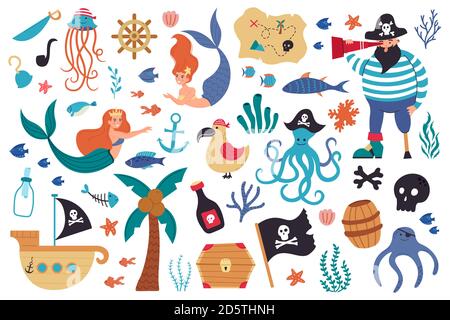 Pirates et mermaids. Créatures marines sous-marines et symboles marins, voilier, Jolly roger, carte des trésors et jeu d'illustrations vectorielles de mignons mermaids Illustration de Vecteur