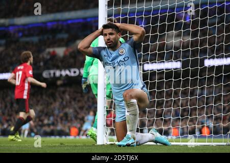 Sergio Aguero de Manchester City est une occasion manquée de marquer dans les dernières minutes Banque D'Images