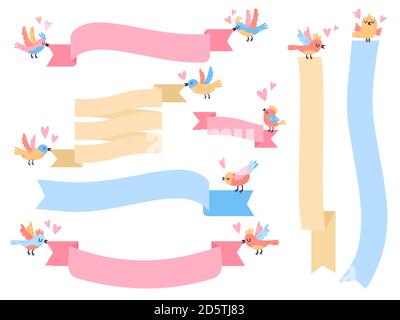 Oiseaux avec ruban. Adorable petits oiseaux volants tenant des bannières de ruban, oiseaux dessinés à la main avec des bannières vecteur illustration symboles ensemble Illustration de Vecteur