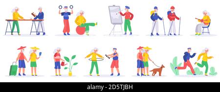 Passe-temps pour les personnes âgées. Personnes âgées retraite exercice et s'engager dans des activités créatives, en bonne santé, active retraités scénario ensemble d'illustration Illustration de Vecteur