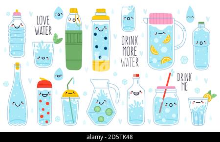 Doodle buvez plus d'eau. Mignon drôle main mascottes d'eau dessinés dans le mug, verre et bouteille, rituels sains boire plus d'eau vecteur illustration ensemble Illustration de Vecteur