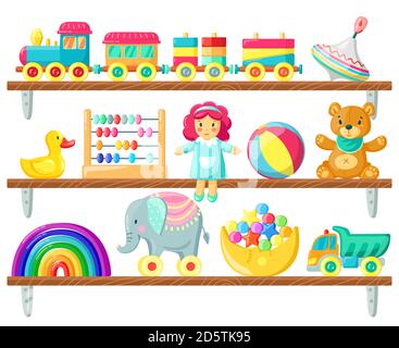 Jouets pour enfants sur les tablettes. Jouets pour bébés sur étagère en bois, balle, ours en peluche et poupée, éléments pour jeux pour enfants et illustration vectorielle isolée de joie Illustration de Vecteur