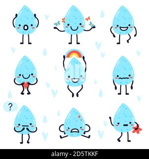 De jolies gouttes d'eau. Gouttes d'eau joyeuses dessinées à la main, gouttes de pluie, gouttes d'eau kawaii aqua, gouttes d'eau visage expressions caractère vecteur jeu d'illustrations Illustration de Vecteur