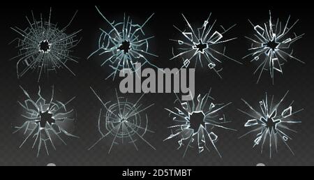 Verre craquelé réaliste. Brisures, texture endommagée, glace de destruction d'impact, surface en verre transparent, jeu d'illustrations vectorielles de trous de balle de fissure Illustration de Vecteur