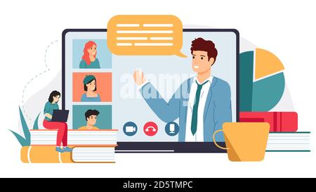 Conférence en ligne. Enseignement à distance, cours sur le Web ou réunion d'affaires avec un responsable, illustration vectorielle des personnages de l'enseignement à distance en ligne Illustration de Vecteur