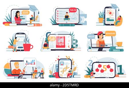 Éducation à domicile en ligne. Enseignement à distance, salle de classe numérique, étudiants apprenant en ligne à la maison avec un smartphone ou un ordinateur portable scénario ensemble Illustration de Vecteur