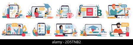 Formation en ligne. Cours sur Internet, séminaire en ligne ou salle de classe numérique, homeschooling sur écran d'ordinateur portable. Jeu d'illustrations vectorielles de concept d'apprentissage en ligne Illustration de Vecteur