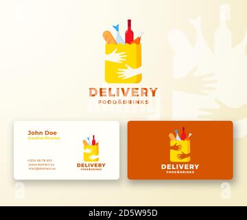 Modèle de carte de visite et de logo Vector abstrait pour livraison d'aliments et de boissons colorés de style plat. Sac en papier avec mains, pain, vin, poisson, etc. Négatif Illustration de Vecteur