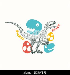 Modèle de carte, symbole ou panneau abstrait pour dinosaures préhistoriques. Velociraptor Reptile dessiné à la main avec des illustrations de style plat amusantes. T-shirt mignon Vector Illustration de Vecteur