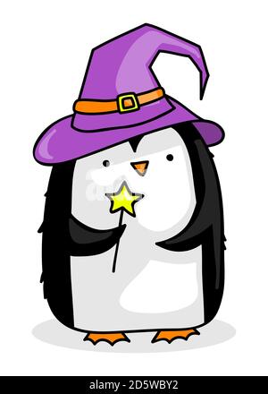 Joli pingouin de dessin animé avec chapeau et baguette magique Banque D'Images