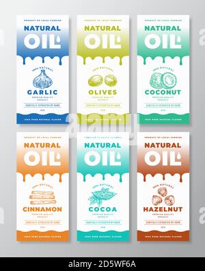 Huile naturelle Résumé Vector Packaging Designs ou Label Templates Collection. Gouttes de gradient et épices, noix, fruits et légumes dessinés à la main esquisse Illustration de Vecteur