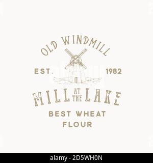 Ancien modèle de symbole, de symbole ou de logo vectoriel pour la boulangerie Wind Mill. Esquisser le paysage avec le dessin de bâtiment et la typographie rétro. Emblème vintage. Illustration de Vecteur