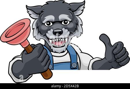 Wolf Plumber Cartoon Mascot Holding Plunger Illustration de Vecteur