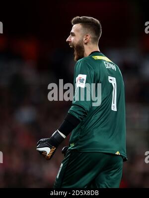 Angus Gunn, gardien de but de la ville de Norwich, célèbre le nom de Josh Murphy (pas sur l'image) marque ses côtés premier but Banque D'Images