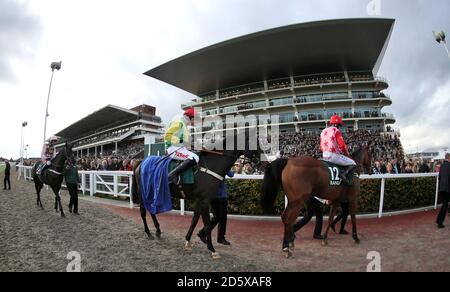 Un beau Roman monté par Jockey James Best (à gauche), Sizing Platinum monté par Bryan Cooper (au centre) et Poker School monté par Jamie Moore après le Randox Health Handicap Chase pendant la deuxième journée de la vitrine à Cheltenham Racecourse Banque D'Images