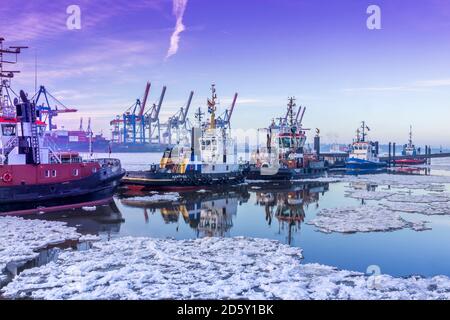 Allemagne, Hambourg, remorqueurs sur l'Elbe glacial au lever du soleil Banque D'Images