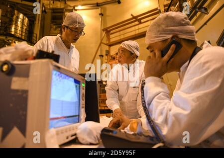 (201014) -- SHENZHEN, 14 octobre 2020 (Xinhua) -- Qiao Sukai (C) apprend l'état du remplacement des assemblages de combustible avec les membres de son équipe à la centrale nucléaire Dayawan à Shenzhen, dans la province de Guangdong, dans le sud de la Chine, le 12 avril 2019. Tous les 18 mois, la centrale nucléaire de Dayawan doit subir un remplacement d'assemblages de combustible, qui est l'un des moments les plus importants pour la centrale nucléaire. Des dizaines d'ingénieurs sont répartis en quatre équipes et utilisent l'équipement de jour comme de nuit lorsque le réacteur est arrêté. Leur chef, Qiao Sukai, s'occupe du combustible nucléaire depuis juillet Banque D'Images