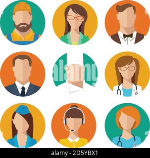 Ensemble de neuf métiers différents avatars masculins et féminins. Illustration de Vecteur
