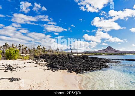 L'Équateur, Îles Galápagos, Santa Cruz, du front de mer et le volcan en arrière-plan Banque D'Images