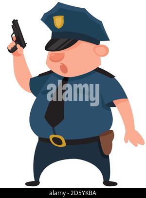 Policier tenant le pistolet. Personnage masculin de style dessin animé. Illustration de Vecteur