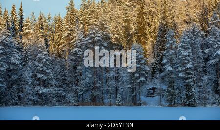 Petite hutte de sauna en bois dans la forêt au bord d'un lac gelé à Winter , Finlande Banque D'Images