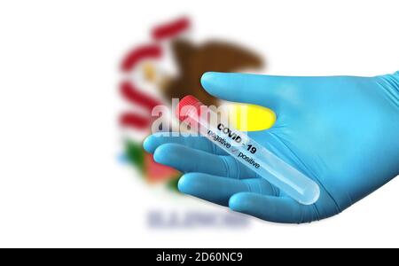 Dépistage de la présence du coronavirus. Tube contenant un échantillon d'écouvillon ayant été testé positif pour COVID-19. État de l'indicateur Illinois en arrière-plan. Banque D'Images