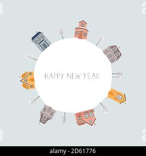 Carte de Noël avec maisons, Bonne Année. Illustration de Vecteur