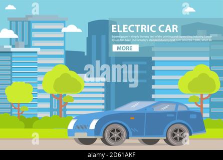 Sports automobiles électriques. Véhicule écologique. Un paysage de ville avec des bâtiments de gratte-ciel. Illustration de Vecteur