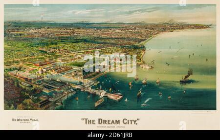 Vue panoramique de la foire mondiale de l'exposition colombienne et du lac Michigan, Chicago, Illinois, 1893. Banque D'Images