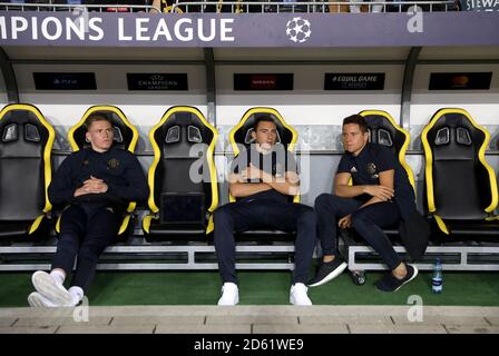 Scott McTominay de Manchester United (à gauche), Matteo Darmian (au centre) et Ander Herrera avant le match Banque D'Images