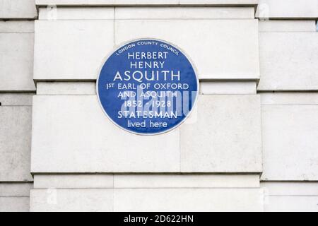 Plaque bleue sur la maison de Herbert Henry Asquith à Cavendish Square, Londres. Banque D'Images