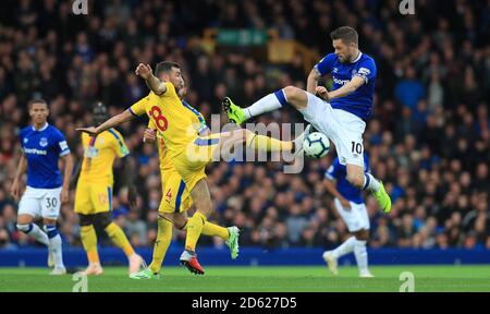 James McArthur (à gauche) du Crystal Palace et la bataille de Gylfi Sigurdsson d'Everton pour le ballon Banque D'Images