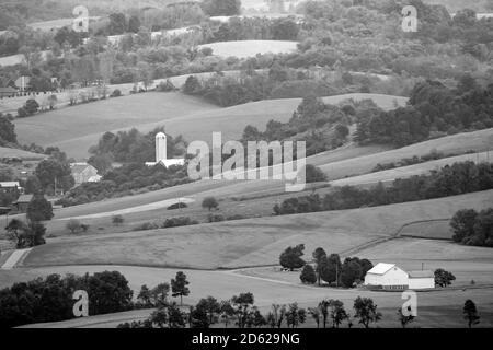 Une image monochrone des fermes et des terres agricoles dans les collines couvertes d'arbres fertiles. Banque D'Images