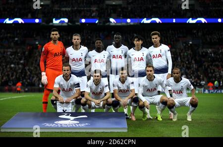 Groupe d'équipes de Tottenham Hotspurs (de gauche à droite) Top Row : Paulo Gazzaniga, Toby Alderweireld, Serge Aurier, Davinson Sanchez, son Heung-min et DELE Alli. Rangée du bas : Harry Kane, Ben Davies, Harry Winks, Christian Eriksen et Lucas Moura Banque D'Images