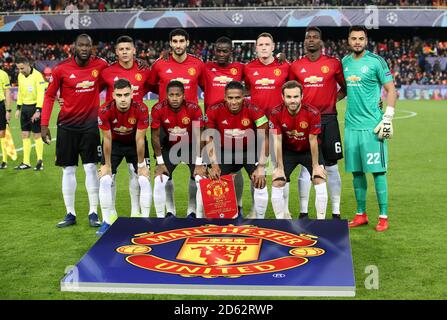 Équipe Manchester United. Rangée supérieure (de gauche à droite) Romelu Lukaku, Marcos Rojo, Marouane Fellaini, Eric Bailly, Phil Jones, Paul Pogba et Sergio Romero. Rangée inférieure (de gauche à droite) Hoelgebaum Andreas Pereira, Frederico Fred, Antonio Valencia et Juan Mata Banque D'Images