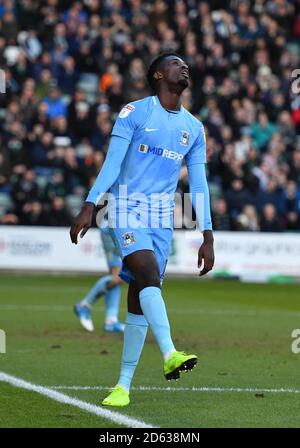 Jordy Hiwula de Coventry City réagit après une occasion manquée à un but Banque D'Images