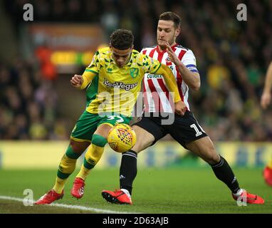 Max Aarons de Norwich City (à gauche) et Billy Sharp de Sheffield United bataille pour le ballon Banque D'Images