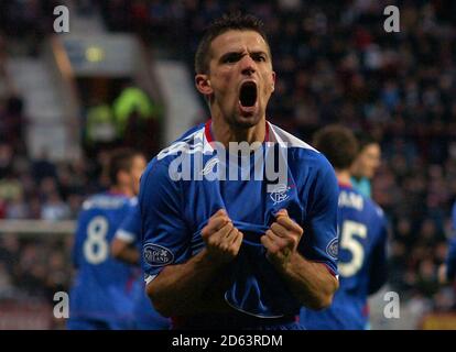 Nacho Novo des Rangers célèbre les scores contre les cœurs Banque D'Images