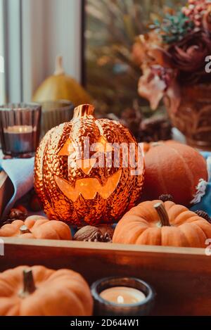 Gros plan Halloween ambiance chaleureuse composition sur le seuil de la fenêtre. Éclairage de citrouilles, de citrouilles décoratives, de cônes, de bougies sur un plateau en bois près de la fenêtre. H Banque D'Images