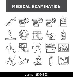 Jeu d'icônes de la ligne noire de l'examen médical. Pictogrammes de contour Illustration de Vecteur