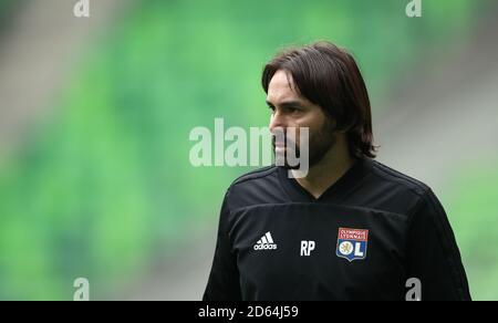 Reynald Pedros, le Manager de Lyon, lors d'une session d'entraînement avant la finale de la Ligue des champions des femmes de l'UEFA à l'arène Groupama, Budapest Banque D'Images