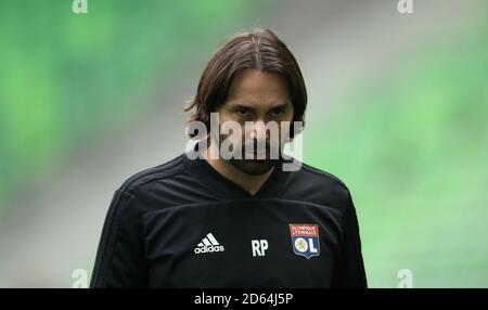 Reynald Pedros, le Manager de Lyon, lors d'une session d'entraînement avant la finale de la Ligue des champions des femmes de l'UEFA à l'arène Groupama, Budapest Banque D'Images