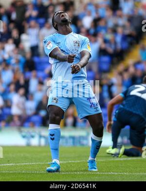 Jordy Hiwula de Coventry City réagit après une occasion manquée Banque D'Images