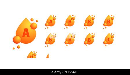 Ensemble d'icônes de vitamines. Goutte d'or de vitamine organique. VITAMINE A B1 B2 B12 C D3 E H K1 PP. Kit de groupe de vitamines. Concept de vecteur de signe de nutrition. Vecteur. SPE 10 Illustration de Vecteur