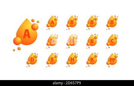 Ensemble d'icônes de vitamines. Goutte d'or de vitamine organique. VITAMINE A B1 B2 B12 C D3 E H K1 PP. Kit de groupe de vitamines. Concept de vecteur de signe de nutrition. Vecteur. SPE 10 Illustration de Vecteur