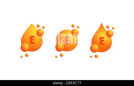 Ensemble d'icônes de vitamine E. Une goutte d'or éclatante de substance. Soins de beauté nutrition soins de la peau conception. Complexe vitaminique avec formule chimique, groupe B. Illustration de Vecteur